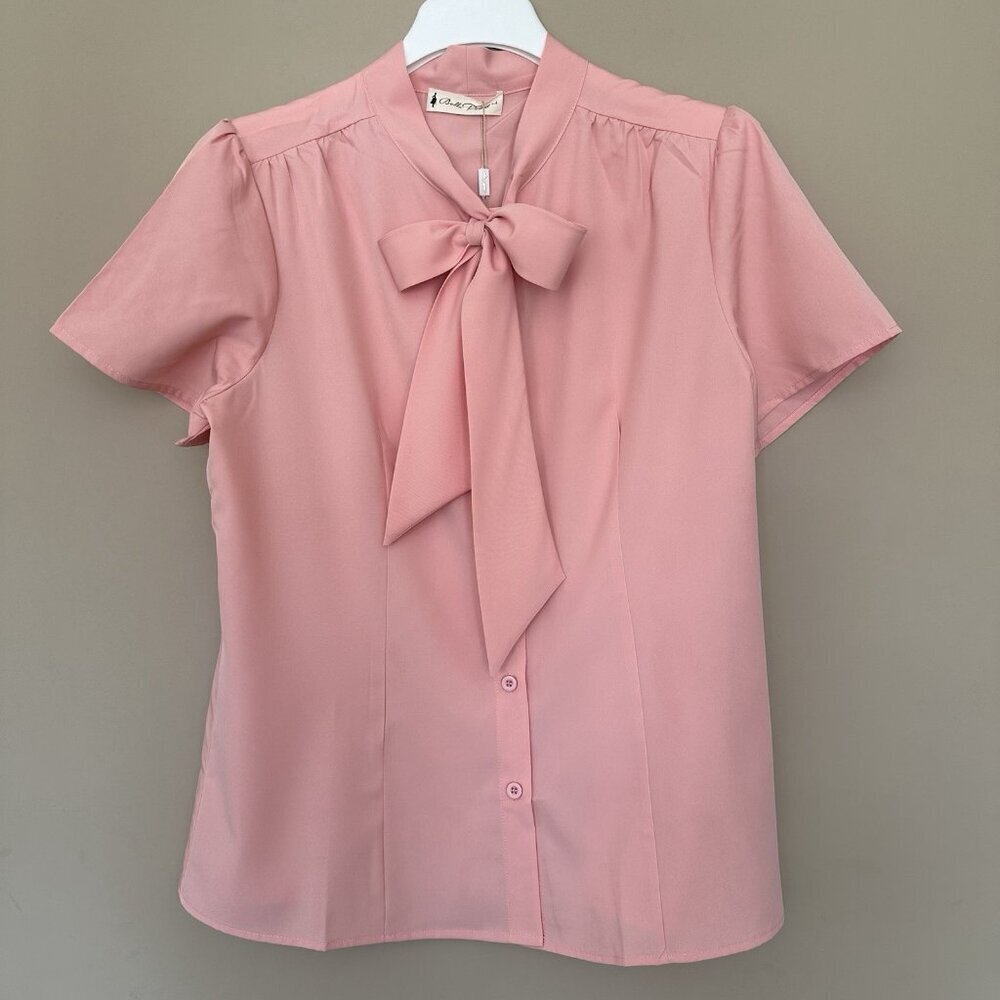 NWT Pink Office Chic Neck Bow Blouse Top Women L Button Shirt Short Sleeve - Picture 2 of 8